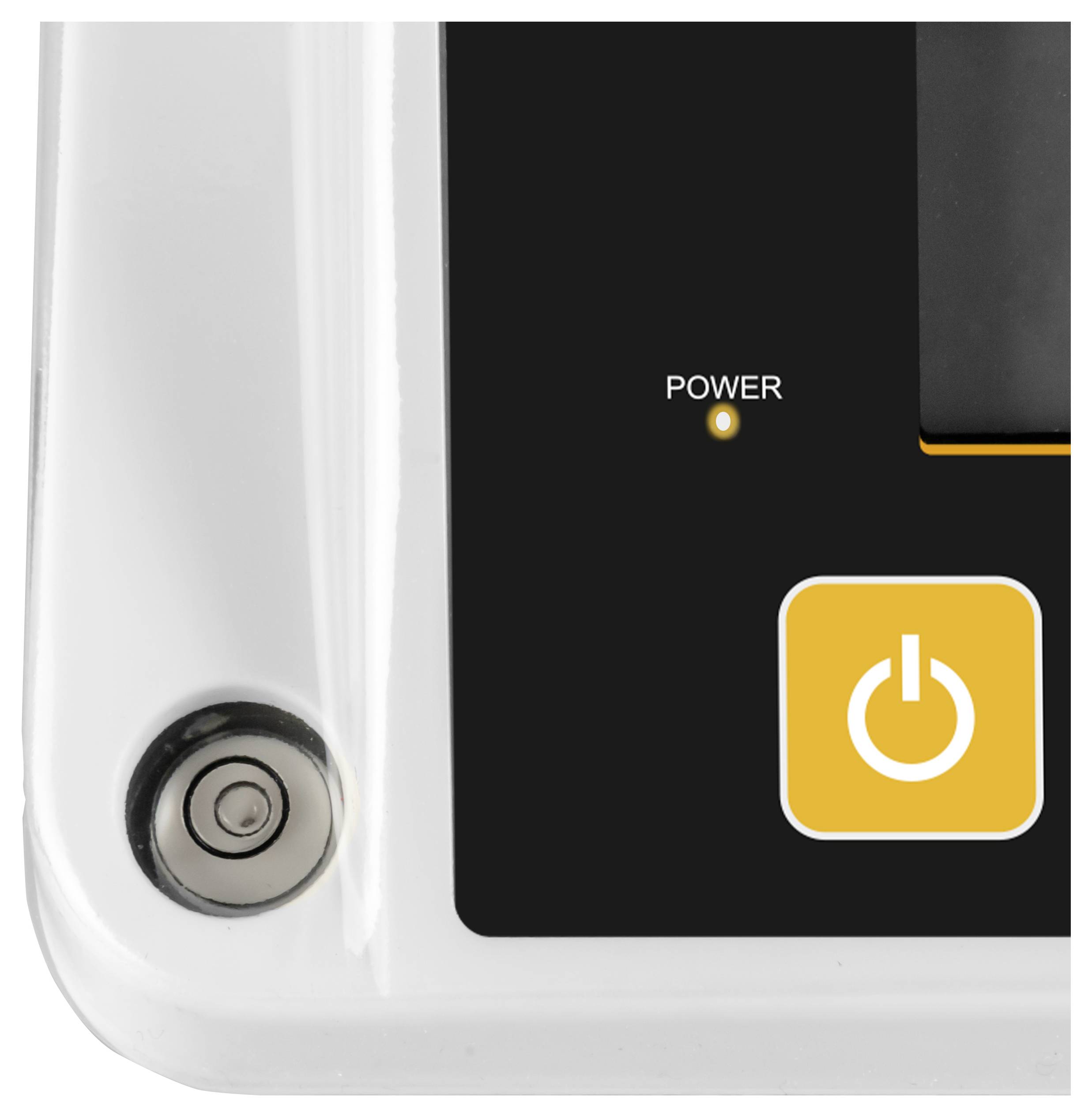 Gros plan d'un panneau de commande d'appareil avec un grand bouton d'alimentation jaune, un indicateur 'POWER' allumé, et un bouton en métal rond sur la gauche.