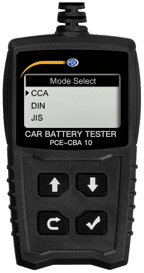Appareil portable de test automobile avec écran affichant 'Mode Select' et des options comme 'CCA', 'DIN', 'JIS', ainsi que des touches directionnelles en dessous.