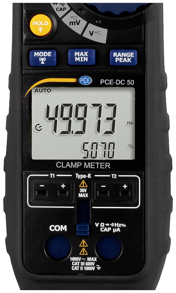 Un appareil de mesure électronique numérique affiche '49,973' volts et '50,7 %' sur un écran. Plusieurs boutons de réglage sont visibles.