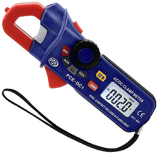 Multimètre ampèremétrique AC/DC à surface rouge et bleue, affichage numérique et sangle de transport. Affiche la valeur de mesure '002.0'.