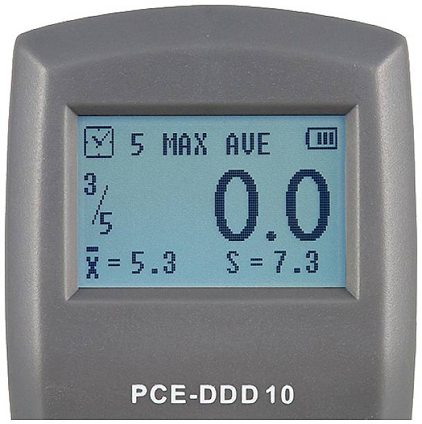 Un appareil de mesure numérique avec affichage : '5 MAX MOY', mesure actuelle '0.0', moyenne 'x̄ = 5.3', écart-type 'S = 7.3'.