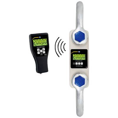 Appareil de mesure de force numérique affichant '20000' sur son écran et doté d'une connexion sans fil à un appareil portable compatible, montrant également '20000'.