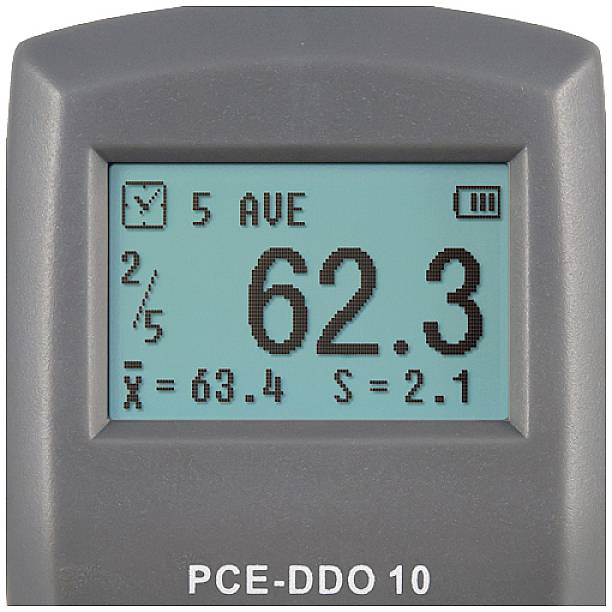 Un appareil de mesure gris affiche sur l'écran : '5 AVE, 62.3, x̄ = 63.4, S = 2.1'. En haut se trouvent les indicateurs de batterie et les symboles.