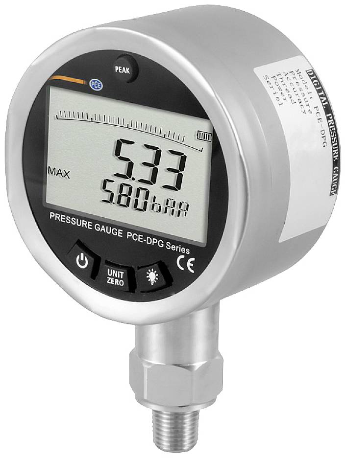 Manomètre numérique affichant '5,33 bar'. Boîtier cylindrique avec écran LCD et touches pour l'unité et l'ajustement du point zéro.