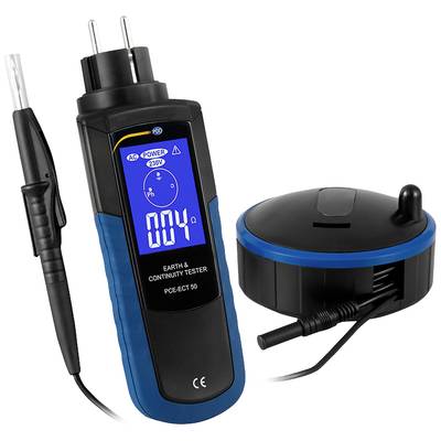 Testeur de terre et de continuité avec affichage bleu indiquant '004 Ω'. Comprend une sonde de test et une station de base noire avec câble.
