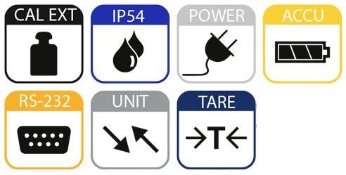 Sept symboles indiquent : Calibrage, Classe de protection, Connexion électrique, Batterie, Interface RS-232, Sélection des unités, Fonction de tarage.