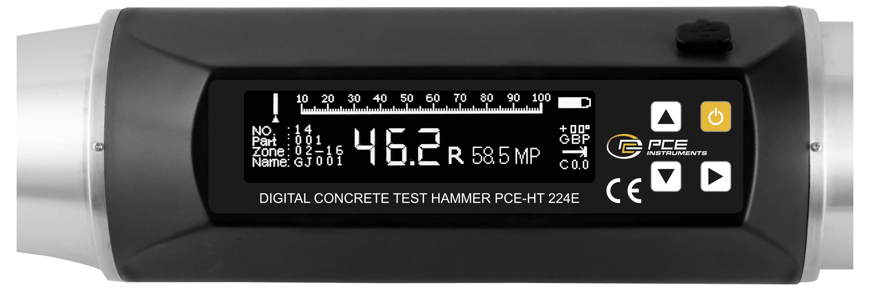 Affichage d'un marteau de test de béton numérique portatif montrant une lecture de 46,2, avec des icônes d'alimentation, de batterie et de navigation sur un écran noir.