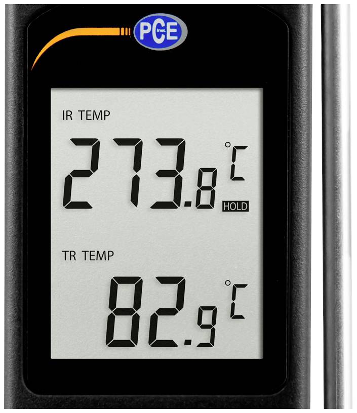 Thermomètre numérique affiche 'IR TEMP 273,8°C' et 'TR TEMP 82,9°C'