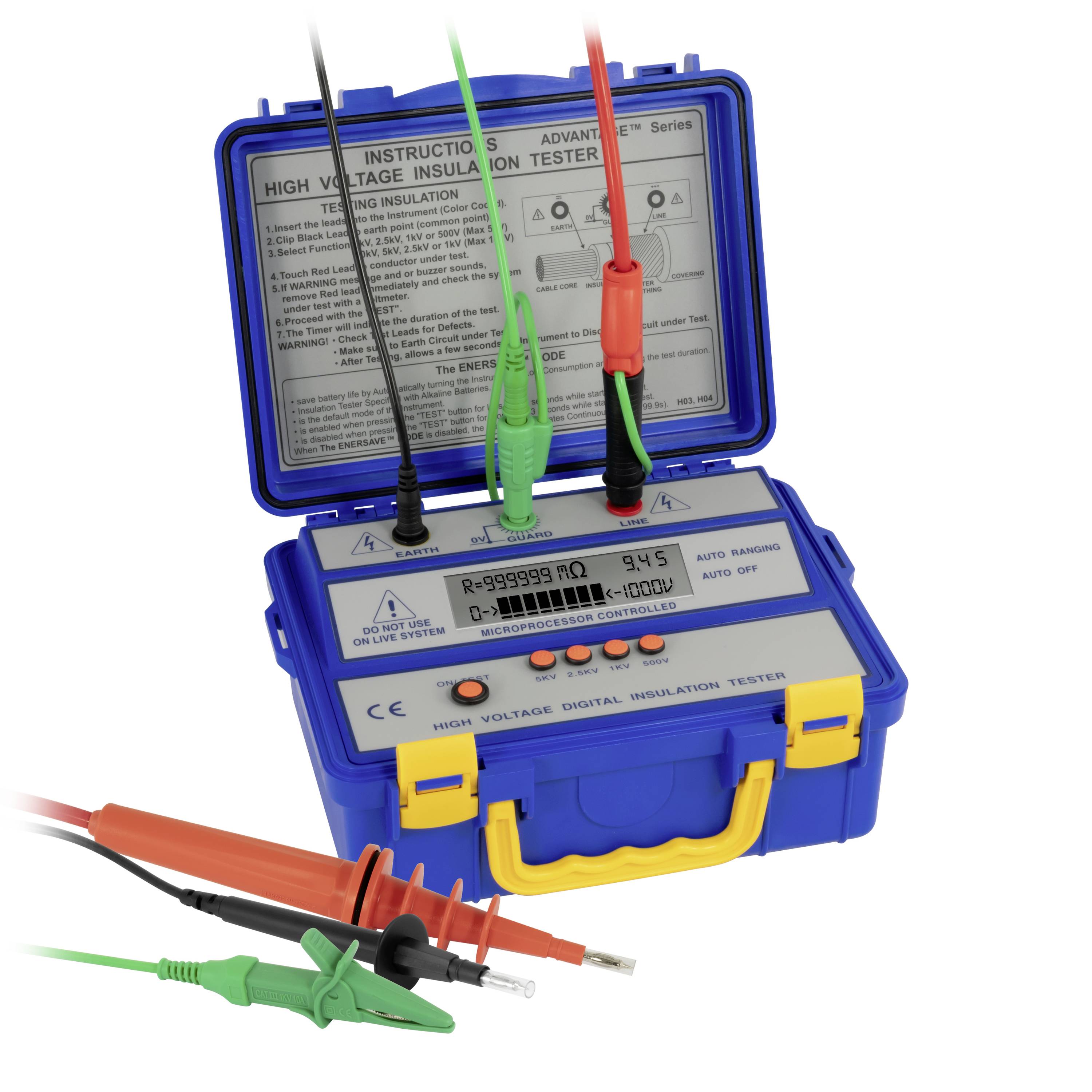 Testeur d'isolation haute tension bleu avec couvercle ouvert et trois câbles de test attachés ; des pinces de sonde supplémentaires se trouvent devant.