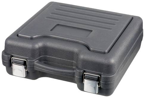 Mallette en plastique noir avec poignée et deux serrures métalliques, fermée. Utilisée pour le transport ou le stockage sécurisé.