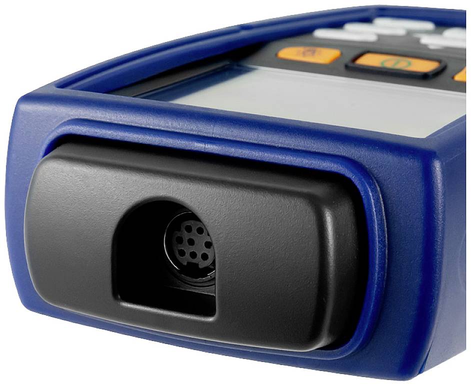 Un appareil de mesure électronique bleu avec un écran et plusieurs touches, utilisé pour des mesures techniques.