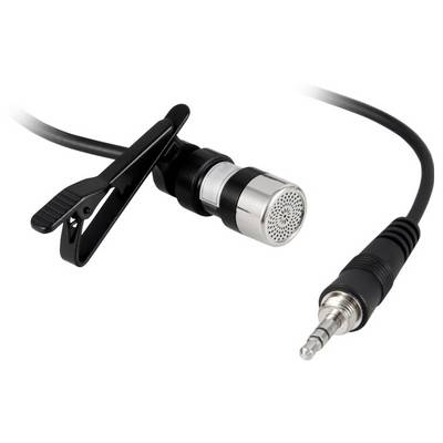 Microphone cravate à pince avec câble et connecteur 3,5 mm sur fond blanc.