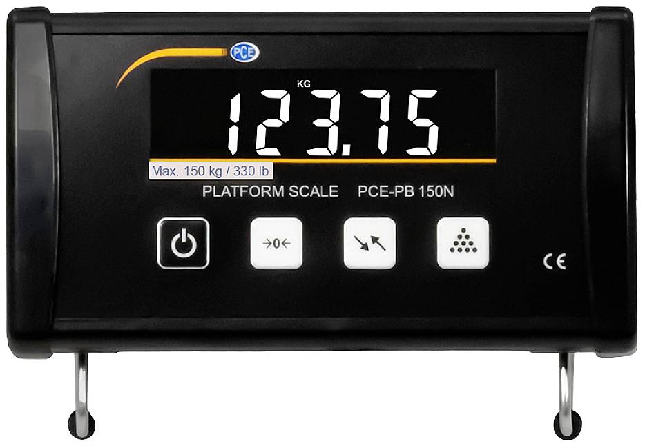 Plateforme numérique affichant un poids de 123,75 kg. Capacité maximale : 150 kg (330 lb). Modèle : PCE-PB 150N. Touches de commande en bas.