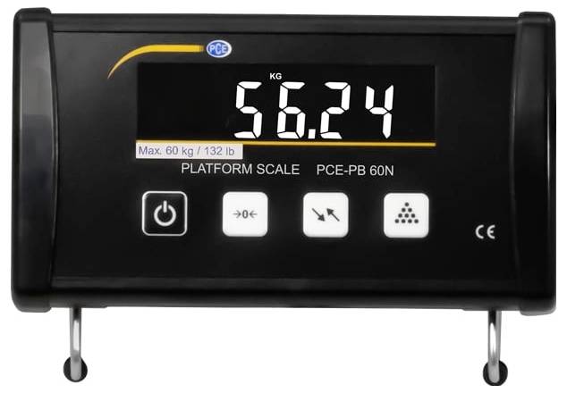 Affichage numérique d'une balance de plateforme montrant 56,24 kg, avec une étiquette de capacité maximale de 60 kg et des boutons de contrôle sur le panneau avant.