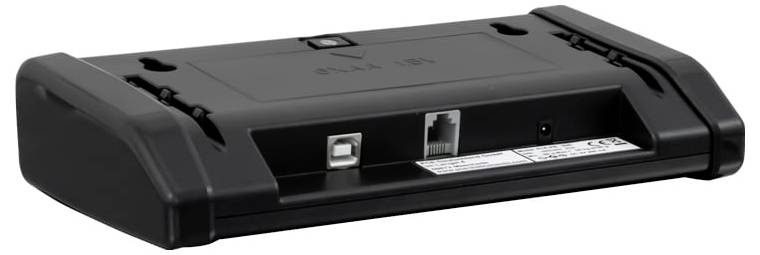Appareil électronique noir avec un dessus plat et des ports avant, incluant un port USB et une prise Ethernet, présenté sur un fond blanc.