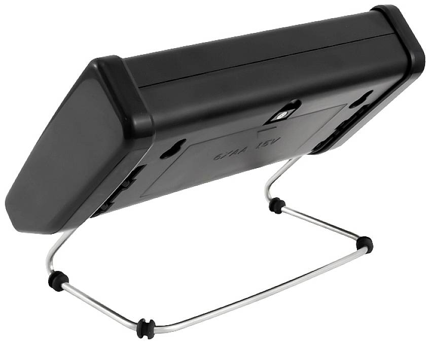 Appareil électronique avec support rabattable, noir, sur fond blanc.