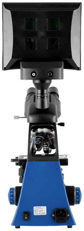 Un microscope bleu avec un affichage numérique. L'écran d'affichage est vide. Il est dressé, vue de face.