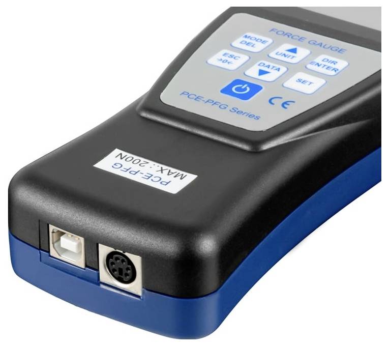 Appareil de dynamométrie numérique portable avec clavier, écran d'affichage et deux ports avant, étiqueté série PCE-PFG et MAX 200N.