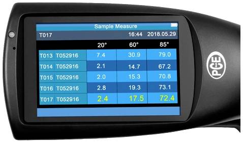 Un appareil de mesure avec affichage indique les données de mesure d'angles pour le numéro T017 : 20°, 60° et 85° avec les valeurs 2,4 ; 17,5 ; 72,4. Date : 2018.05.29.