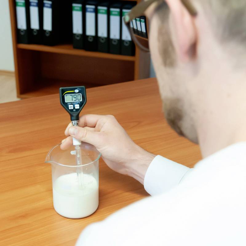 Une personne mesure la température d'un liquide avec un thermomètre numérique dans un bécher posé sur une table en bois. La température est de 19°C.