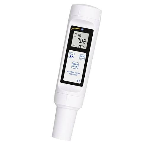 Mètre/testeur de pH numérique blanc portatif avec écran LCD affichant le pH 7,02 et la température 26,3°C.