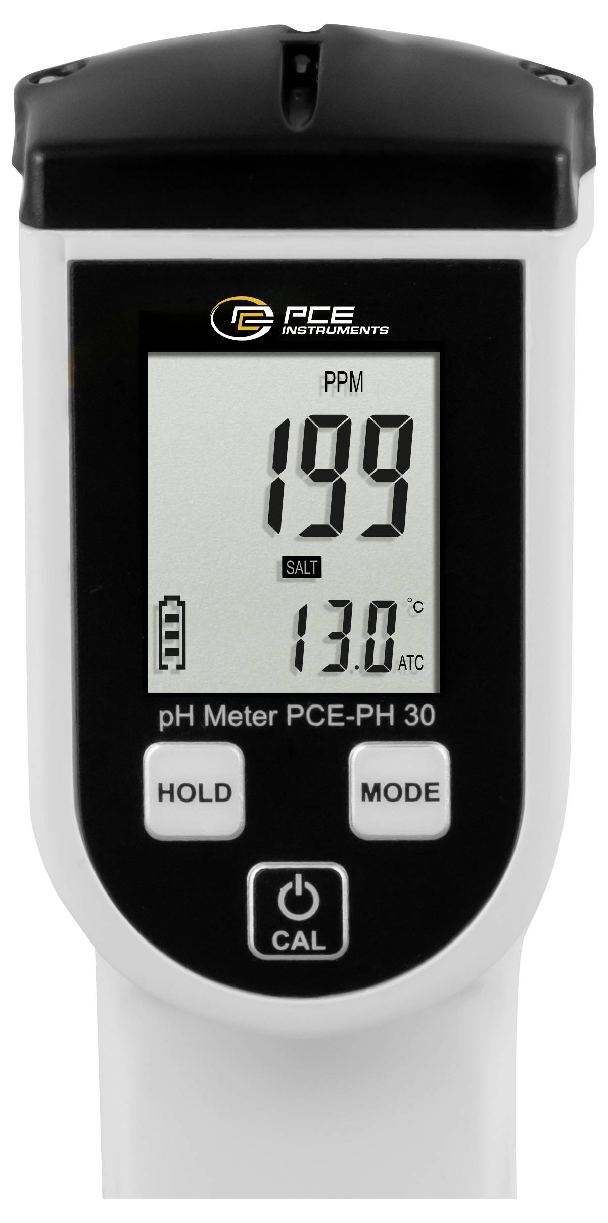 Appareil pH-mètre PCE numérique affichant PPM 199, SALT, et température 13,0°C, avec boutons HOLD, MODE, et CAL.