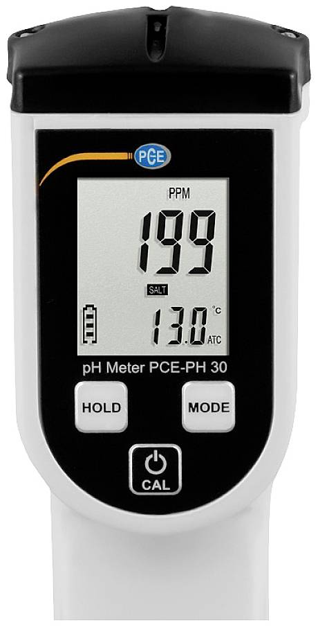 Appareil de mesure de pH numérique avec affichage indiquant 'PPM 199' et '13,0°C ATC'. Touches 'HOLD' et 'MODE', bouton de calibrage en bas.