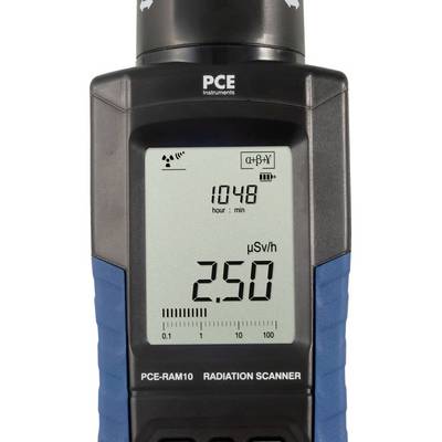 Appareil de mesure de rayonnement portable affichant 2,50 µSv/h, durée de fonctionnement de 148 minutes, détectant les rayonnements Alpha, Bêta et Gamma.