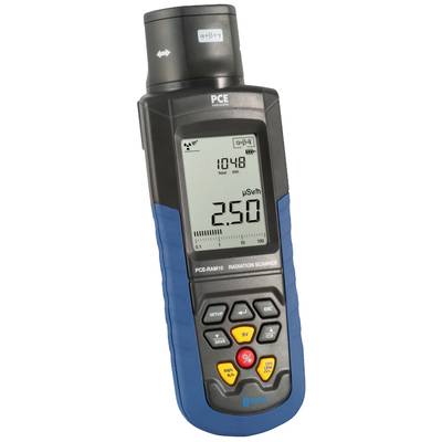 Appareil portable de mesure des radiations avec affichage numérique. Indique 250 μSv/h. Différentes touches fonctionnelles situées sous l'écran.