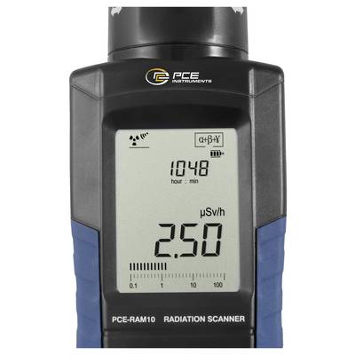 Scanner de rayonnement PCE portable affichant 2,50 µSv/h et 10:48 sur un écran numérique.