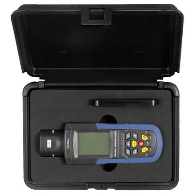Appareil de mesure numérique portatif dans un étui de transport noir avec insert en mousse moulée et couvercle ouvert.