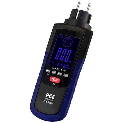 Un dispositif de test RCD numérique avec affichage. Indique '0,0 mA'. Un connecteur européen se trouve sur la partie supérieure.