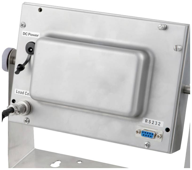 Un appareil dans un boîtier métallique avec des connexions pour 'Alimentation DC', 'Capteur de charge' et 'RS232'. Utilisé pour des applications industrielles ou techniques.