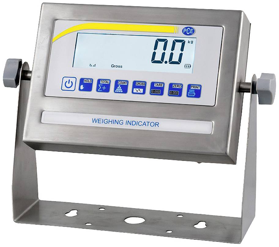 Affichage d'un système de pesage avec écran numérique, indiquant '0,0 kg'. Boîtier en acier inoxydable avec boutons de commande.