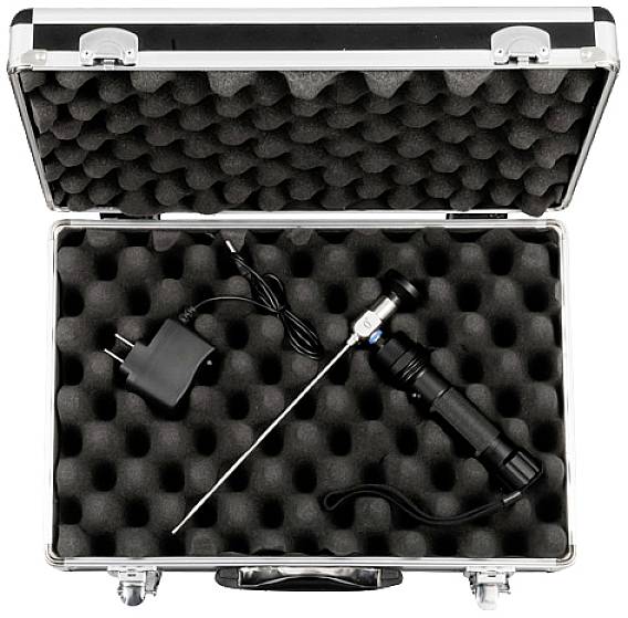 Une valise rigide noire avec doublure en mousse contient un endoscope avec une tête de caméra et un câble, ainsi qu'un chargeur.