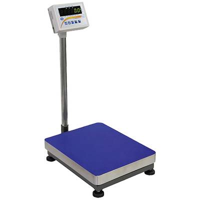 Balance industrielle avec affichage numérique pour l'indication du poids ; plateforme rectangulaire bleue, support en acier inoxydable fixé.