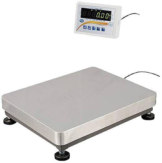 Une balance électronique avec un affichage numérique indiquant '0,00'. La balance possède une plateforme rectangulaire métallique reliée à l'écran digital.