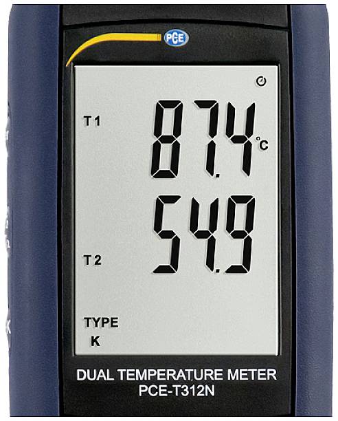 Thermomètre numérique affichant deux températures : 'T1 87,4°C' et 'T2 54,9°C'. Type K. Appareil de mesure simultanée de deux températures.