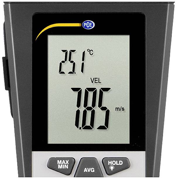 Un appareil de mesure portable affiche '25,1°C' et '7,85 m/s'. Les boutons en bas indiquent 'MAX MIN', 'AVG' et 'HOLD'.