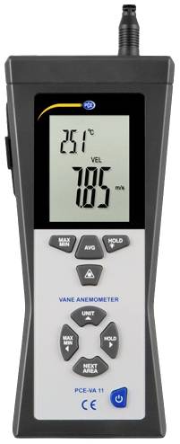 Un anémomètre à ailettes portable affiche une température de 25°C et une vitesse de 7,85 m/s sur un écran rétroéclairé.