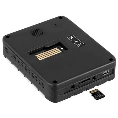 Appareil électronique portable noir avec une fente pour carte mémoire et une petite carte affichée à côté sur fond blanc