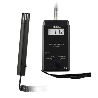 Humidimètre PCE portable avec sonde séparable, affichage LCD 17,2, et bracelet de poignet sur fond blanc.