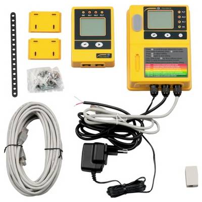 Kit de commande électronique jaune avec deux contrôleurs, deux modules de prise, bande de montage, vis, câbles et adaptateur d'alimentation sur fond blanc