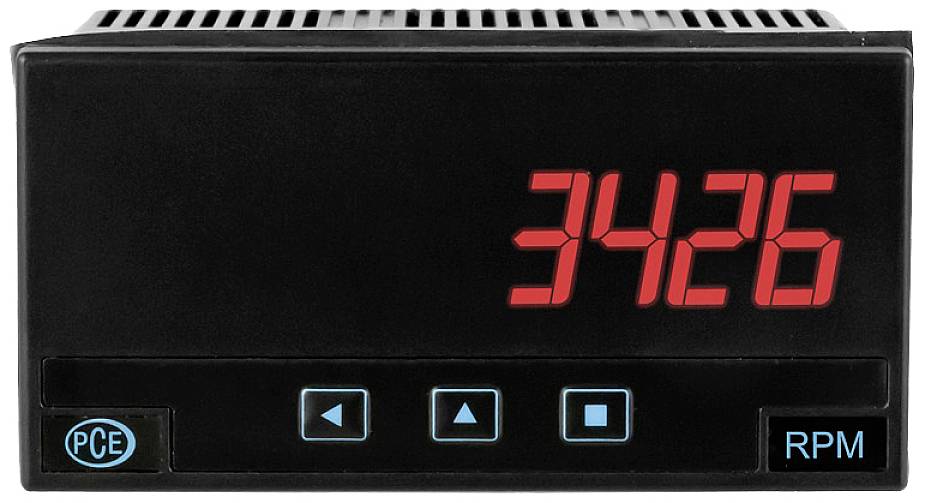 Un affichage numérique indique '3426' en chiffres rouges. En dessous, trois touches : flèche gauche à gauche, carré au centre, flèche droite à droite. En bas à gauche 'PCE', en bas à droite 'RPM'.