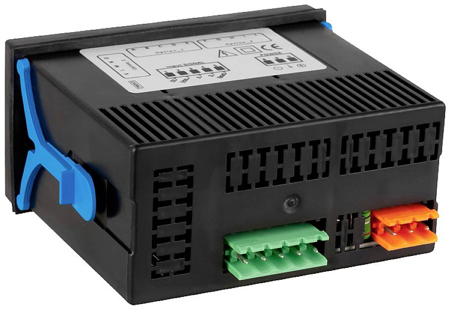 Appareil électrique noir et bleu avec des connexions colorées et des fentes de ventilation, souvent utilisé pour les branchements électriques.