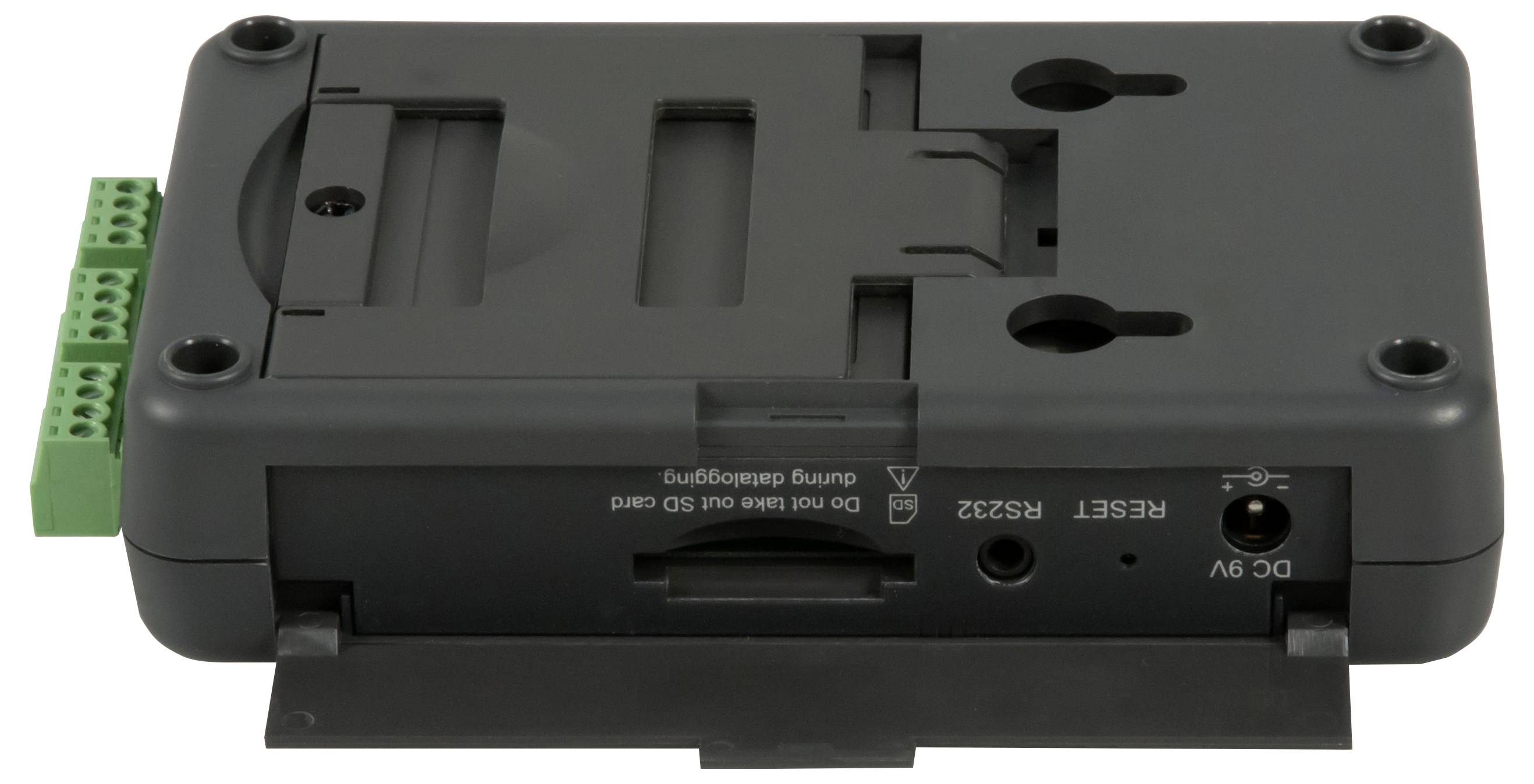 Module de contrôle électronique noir avec bornes à vis vertes et ports étiquetés, présenté dans une vue de produit en gros plan.