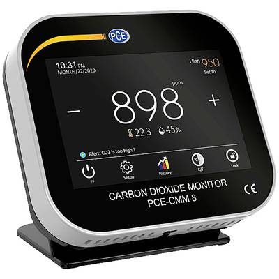 Dispositif de mesure du CO₂ indique 898 ppm, date 22/09/2020, 10:31, température 22,3°C, humidité de l'air 45%. Avertissement : 'Le CO₂ est trop élevé !'.