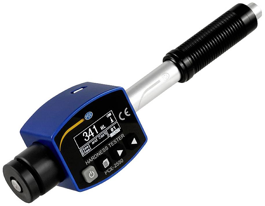 Appareil portable de mesure de dureté, modèle PCE-2550, avec écran et touches de commande. Affiche le résultat de mesure 341 HL sur l'écran. Utilisé pour les matériaux métalliques.
