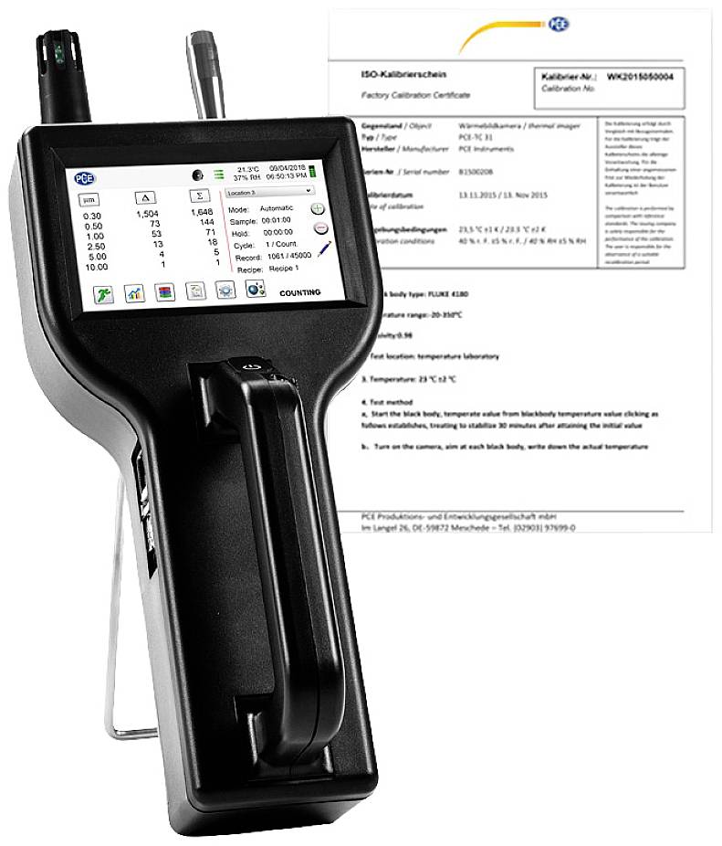 Un appareil de mesure portable pour la mesure de la température et de l'humidité, accompagné d'un certificat de calibrage montrant les détails de la calibration.