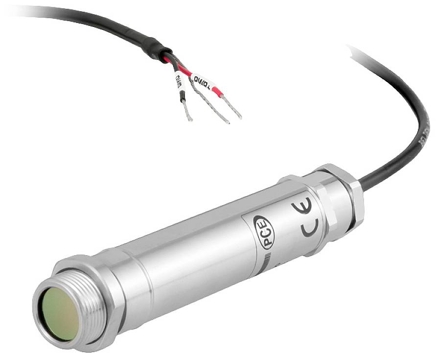 Un capteur de température cylindrique avec boîtier métallique et connexions de câble. Le marquage CE est visible sur la surface.